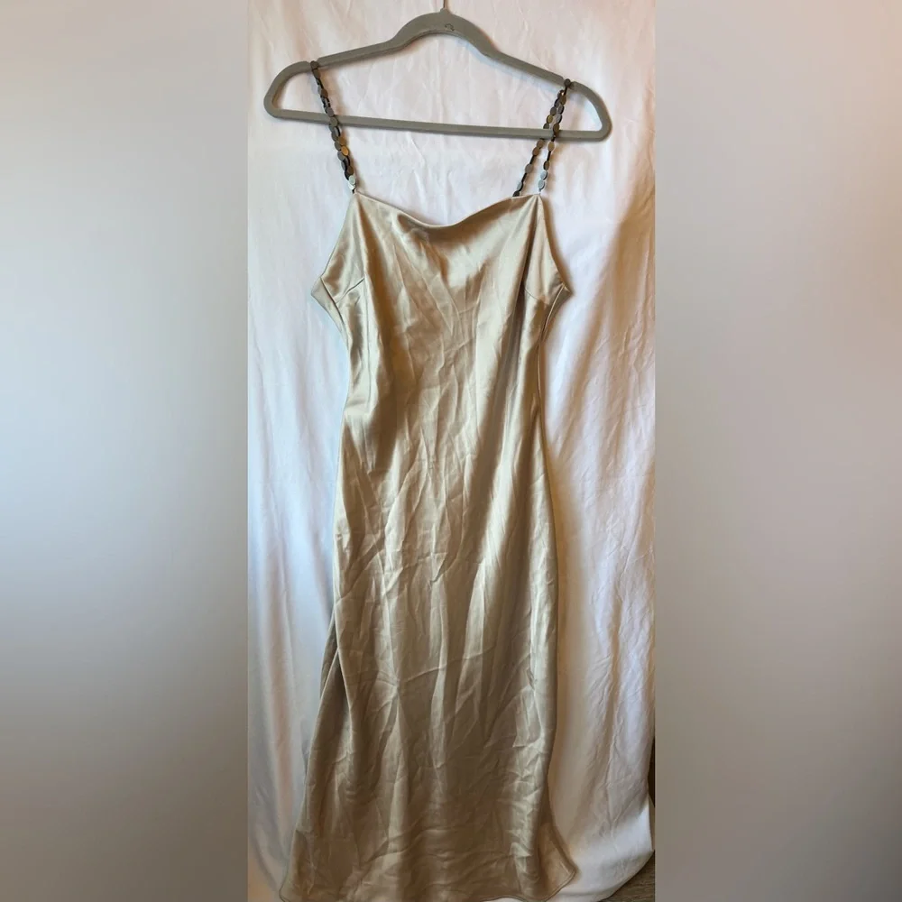 ZARA Champagne Satin Slip Dress Size S Beaded Straps Midi Elegant